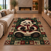 Panda in Santa Suit Christmas area rug in a living room with a fireplace