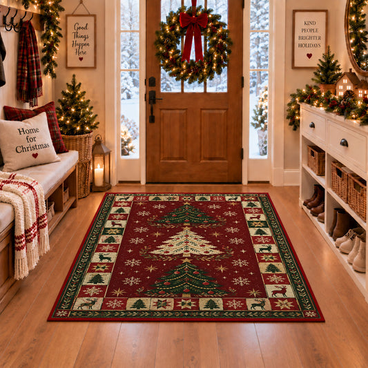 Folk Art Christmas Trees Christmas area rug in a Christmas-decorated entryway