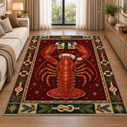 Lobster in Santa Hat Christmas area rug in a living room beside a sofa