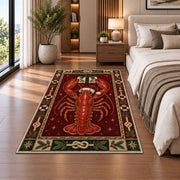 Lobster in Santa Hat Christmas area rug in a bedroom beside the bed