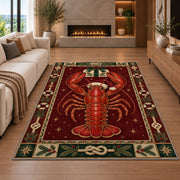 Lobster in Santa Hat Christmas area rug in a living room with a fireplace