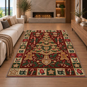 Gingerbread Christmas Tree Christmas area rug in a living room with a fireplace