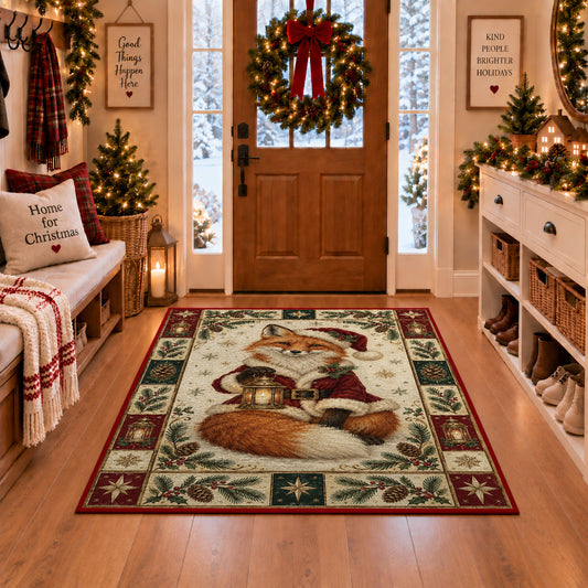Fox with Lantern Christmas area rug in a Christmas-decorated entryway