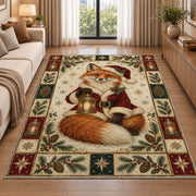 Fox with Lantern Christmas area rug in a living room beside a sofa