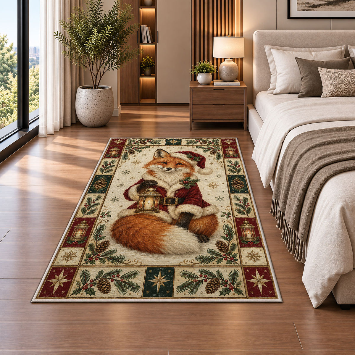 Fox with Lantern Christmas area rug in a bedroom beside the bed