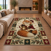 Fox with Lantern Christmas area rug in a living room with a fireplace
