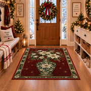 Poinsettia Porcelain Vase Christmas area rug in a Christmas-decorated entryway