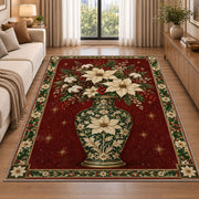 Poinsettia Porcelain Vase Christmas area rug in a living room beside a sofa