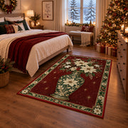 Poinsettia Porcelain Vase Christmas area rug in a bedroom with festive decor