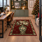 Poinsettia Porcelain Vase Christmas area rug in a home office beside a desk
