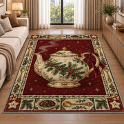 Holly Teapot Christmas area rug in a living room beside a sofa