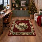 Holly Teapot Christmas area rug in a home office with a Christmas tree
