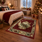 Holly Teapot Christmas area rug in a bedroom with festive decor
