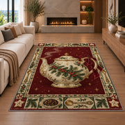 Holly Teapot Christmas area rug in a living room with a fireplace