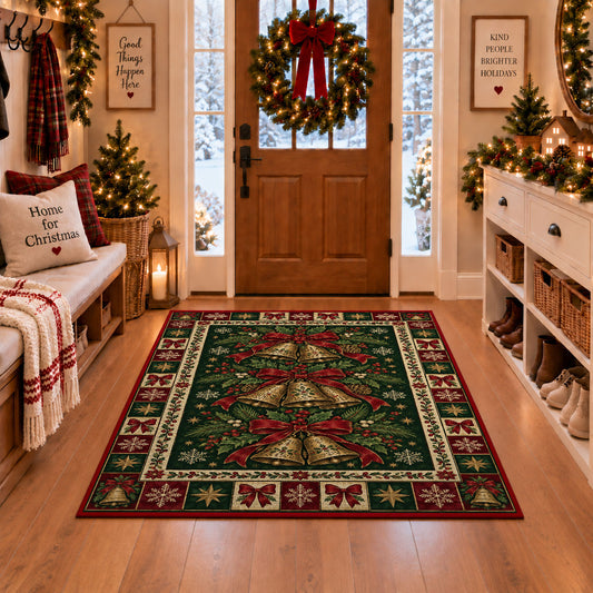 Golden Jingle Bells Christmas area rug in a Christmas-decorated entryway
