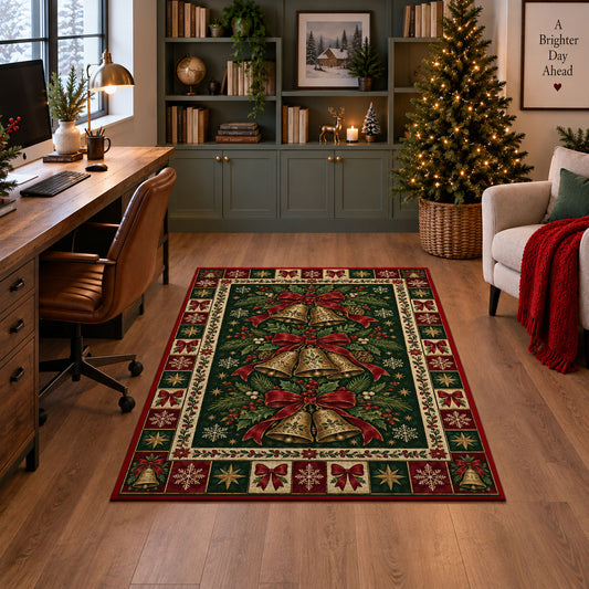 Golden Jingle Bells Christmas area rug in a home office with a Christmas tree