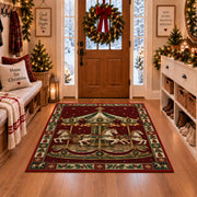Golden Carousel with String Lights Christmas area rug in a Christmas-decorated entryway