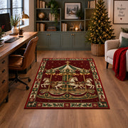 Golden Carousel with String Lights Christmas area rug in a home office with a Christmas tree