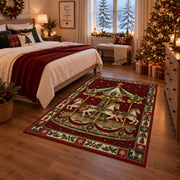 Golden Carousel with String Lights Christmas area rug in a bedroom with festive decor