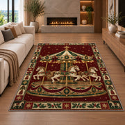 Golden Carousel with String Lights Christmas area rug in a living room with a fireplace