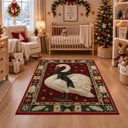 Swan with Velvet Bow Christmas area rug in a nursery with a crib