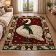Swan with Velvet Bow Christmas area rug in a living room beside a sofa