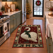 Swan with Velvet Bow Christmas area rug in a holiday kitchen