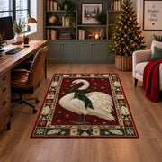 Swan with Velvet Bow Christmas area rug in a home office with a Christmas tree