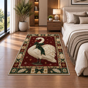 Swan with Velvet Bow Christmas area rug in a bedroom beside the bed