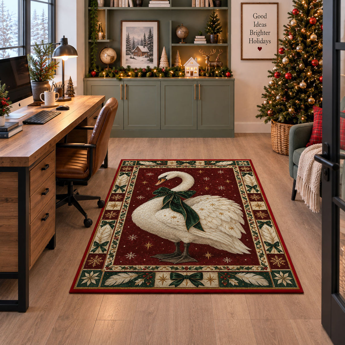 Swan with Velvet Bow Christmas area rug in a home office beside a desk