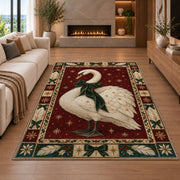 Swan with Velvet Bow Christmas area rug in a living room with a fireplace
