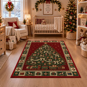 Decorated Tree with Toy Train Christmas area rug in a nursery with a crib