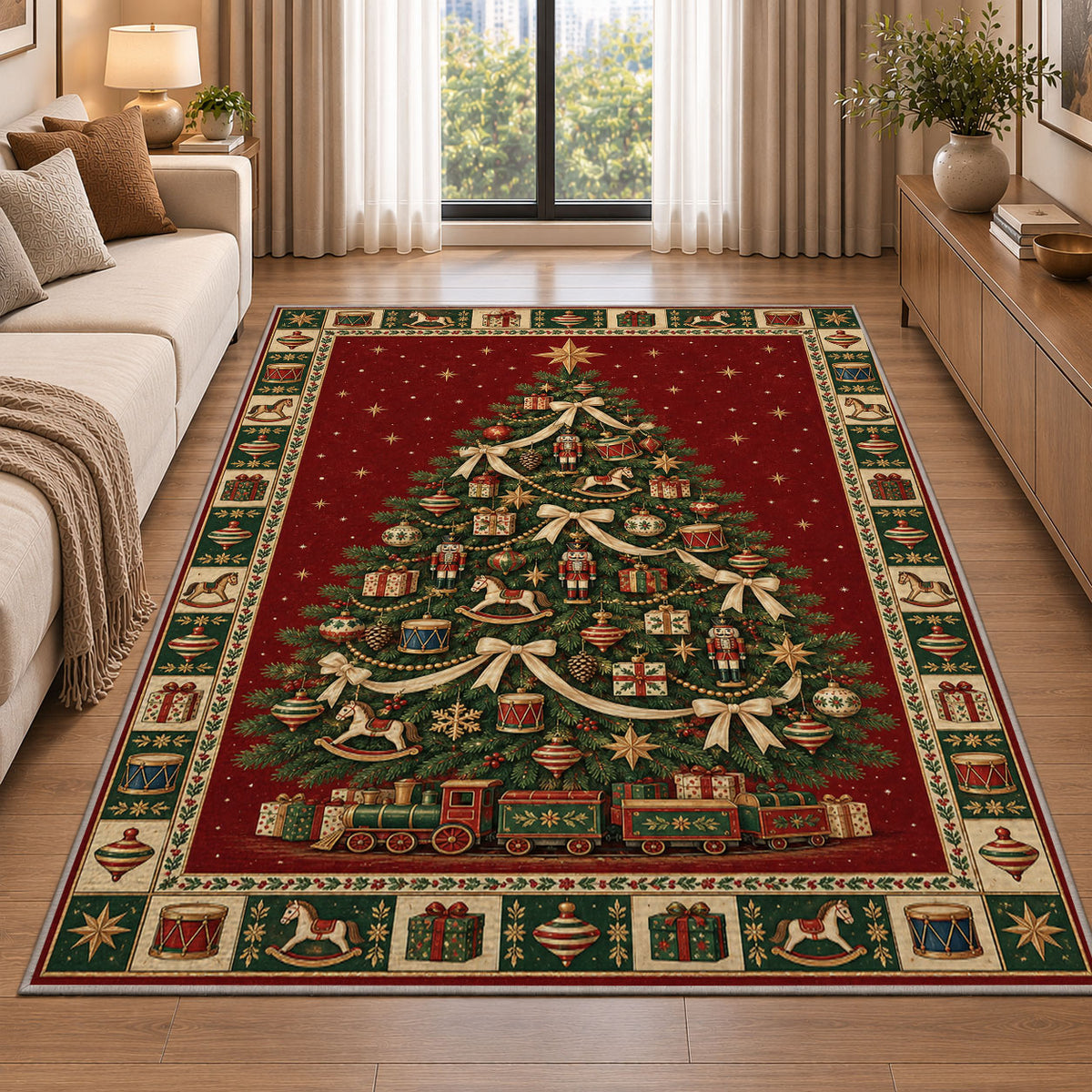 Decorated Tree with Toy Train Christmas area rug in a living room beside a sofa