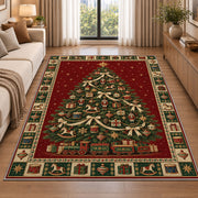Decorated Tree with Toy Train Christmas area rug in a living room beside a sofa