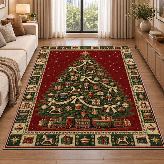 Decorated Tree with Toy Train Christmas area rug in a living room beside a sofa
