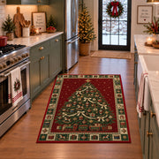 Decorated Tree with Toy Train Christmas area rug in a holiday kitchen