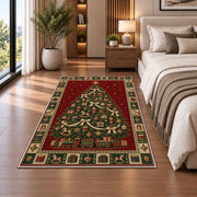 Decorated Tree with Toy Train Christmas area rug in a bedroom beside the bed