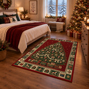 Decorated Tree with Toy Train Christmas area rug in a bedroom with festive decor
