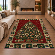 Decorated Tree with Toy Train Christmas area rug in a living room with a fireplace