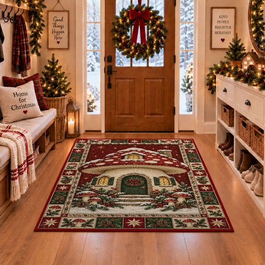 Mushroom Cottage in Snow Christmas area rug in a Christmas-decorated entryway