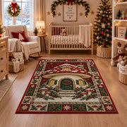 Mushroom Cottage in Snow Christmas area rug in a nursery with a crib