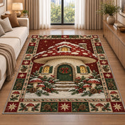 Mushroom Cottage in Snow Christmas area rug in a living room beside a sofa