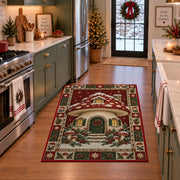 Mushroom Cottage in Snow Christmas area rug in a holiday kitchen