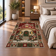 Mushroom Cottage in Snow Christmas area rug in a bedroom beside the bed