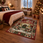 Mushroom Cottage in Snow Christmas area rug in a bedroom with festive decor