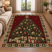 Christmas Tree with Gift Boxes Christmas area rug in a living room beside a sofa