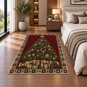 Christmas Tree with Gift Boxes Christmas area rug in a bedroom beside the bed