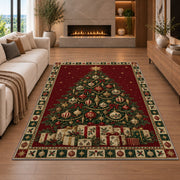 Christmas Tree with Gift Boxes Christmas area rug in a living room with a fireplace
