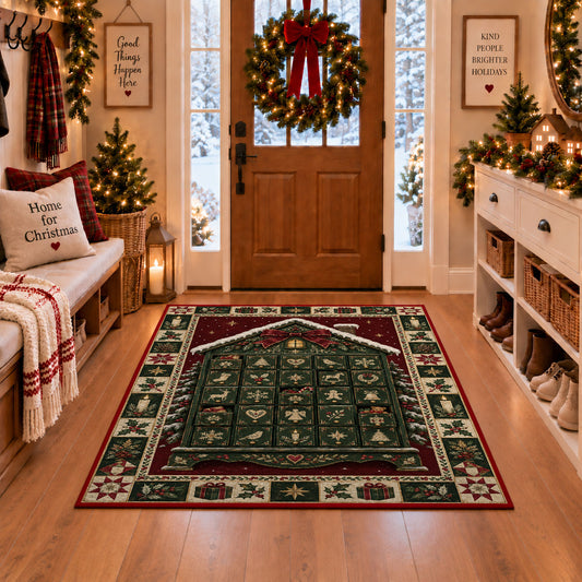 Advent Calendar House Christmas area rug in a Christmas-decorated entryway