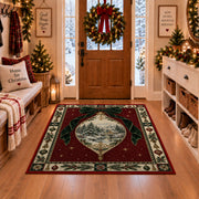 Winter Scene Ornament Christmas area rug in a Christmas-decorated entryway